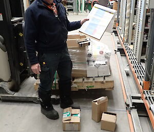 Expeditioner holding a spreadsheet surrounded by electronics stock