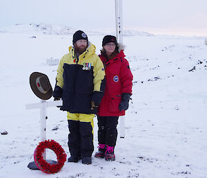 Expeditioners standing with flagpost in background and wreath laid to commemorate Anzac Day