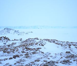 Blue walls of a large glacier edge visible through low cloud in background. Sea ice and rocky terrain in foreground