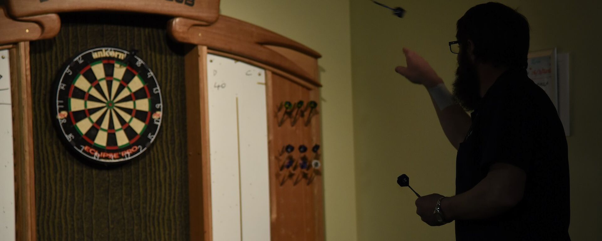 Expeditioner silhouetted against a dartboard, with a dart in mid-flight.