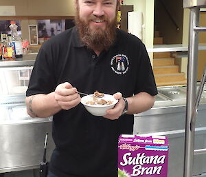 Expeditioner pictured with a bowl of Sultana Bran.