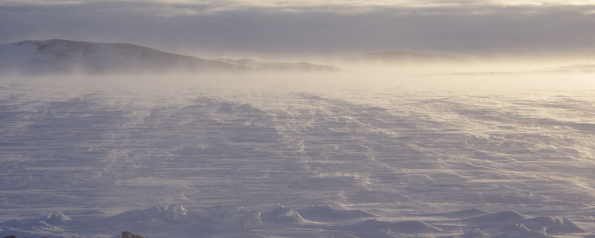 Wind whipping up snow on the sea ice in front of the station.