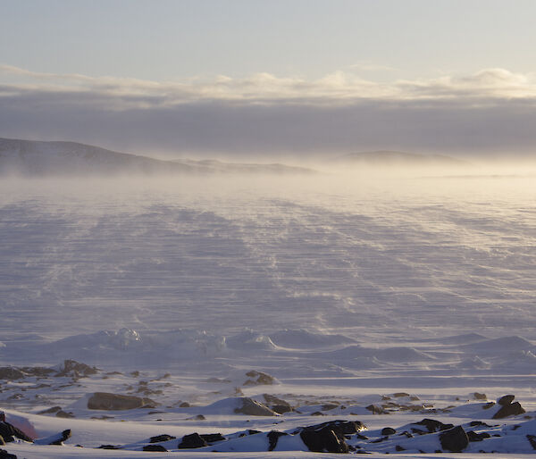 Wind whipping up snow on the sea ice in front of the station.