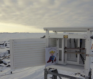 Illustration propped within a weather monitoring instrument box