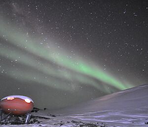 Green aurora shining over a red field hut at night