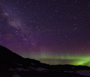 Purple tinged night sky with a green aurora on the horizon