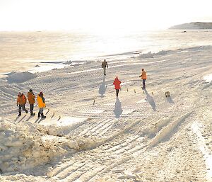 Expeditioners stand at either end of a rectangular pitch with sea ice and ice bergs in background