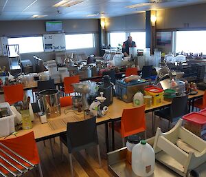 Kitchen equipment piled high in the mess