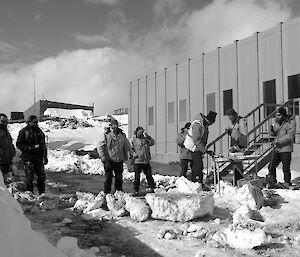 Expeditioners playing games and talking outside