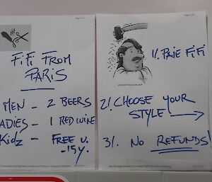 A white board with hand drawn diagrams of haircuts with a price tag attached