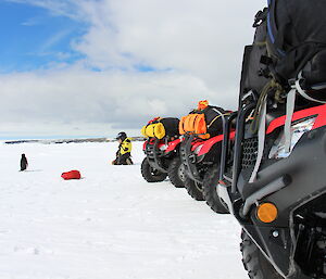 A penguin in front of three quad bikes