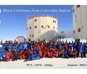 Joint Italian and French Antarctic station Concordia’s greeting card showing a group photo