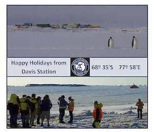 A Christmas card from Davis station showing staff at resupply with the Aurora Australis in harbour