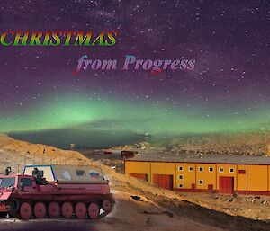 Russian Antarctic station Progress’ holiday greeting card featuring vehicles and auroras