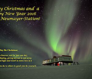 German Antarctic station Neumayer’s Christmas greeting card showing station and aurora