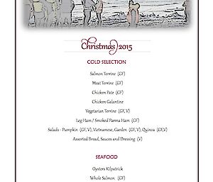 Davis Christmas menu, first page featuring a list of cold and hot foods