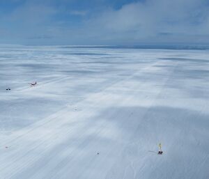 An aerial view of the well-groomed ski landing area at Woop Woop skiway looking towards the Vestfold Hills and the coast in the distance