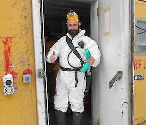 Darren White dressed in PPE ready to enter a fuel tank to carry out cleaning at Davis