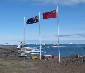 The Australian and Chinese flags flying in front of the Operations building at Davis