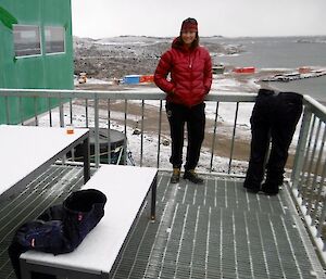 Tina Green with the 3D art display that she created with Graham Oakley on the decking outside the Living Quarters at Davis Station