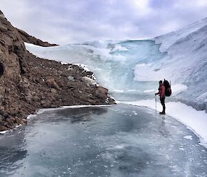 Marty Benavente in a superb blue ice wind scour in the Vestfold Hills