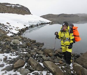 Jennifer Proudfoot beside Lake Stinear in the Vestfold Hills during her survival training