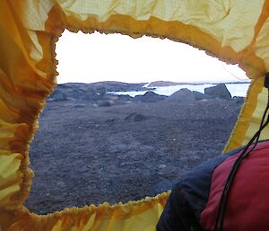 A view looking out from a bivy where Aaron Stanley slept the night beside Brookes Hut overlooking Shirokaya Bay