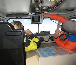 Jen Proudfoot and James Hamilton during a Hägglunds training session up at the Davis skiway at Whoop Whoop