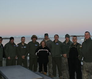 The pilots and crew of the USAP LC130 Hercules and SL Ali at Davis prior to the flight back to McMurdo