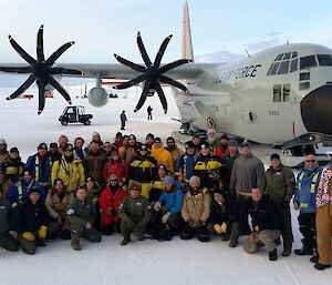 The entire 35 strong Davis team with Hercules crew at McMurdo