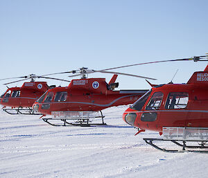 The three red B3 helicopters in a line at Davis ski landing area