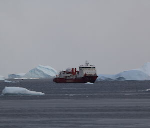 The Chinese ship the Xue Long sails amongst the many icebergs of the coast from Davis Station