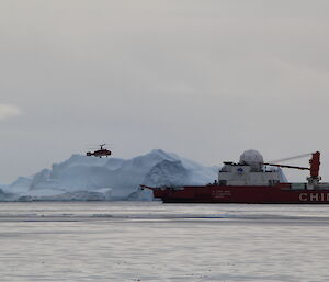 Helicopter heads back to ship, large icebergs behind