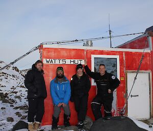 Scott Visser, Chris Burns, Jen Proudfoot, Vas Georgiou at Wats hut in the Vestfold Hills