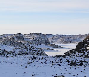 The snow-covered Vestfold Hills near Davis Station