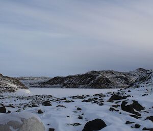 Watts Lake in the Vestfold Hills now frozen solid with a coating of snow