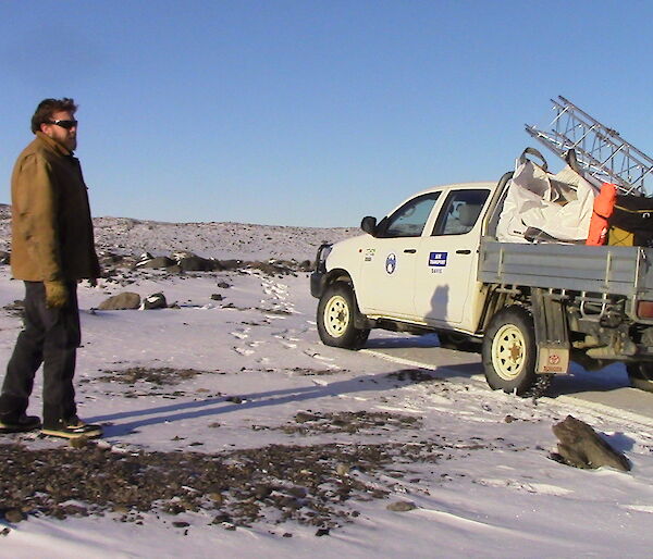 Scott Visser on Dingle Rd ready to assist to unload equipment on the back of the ute, part of the new Heidemann Valley AWS