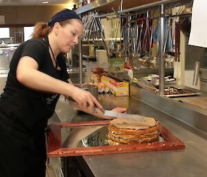 Lesley the Davis Chef preparing the cake layers