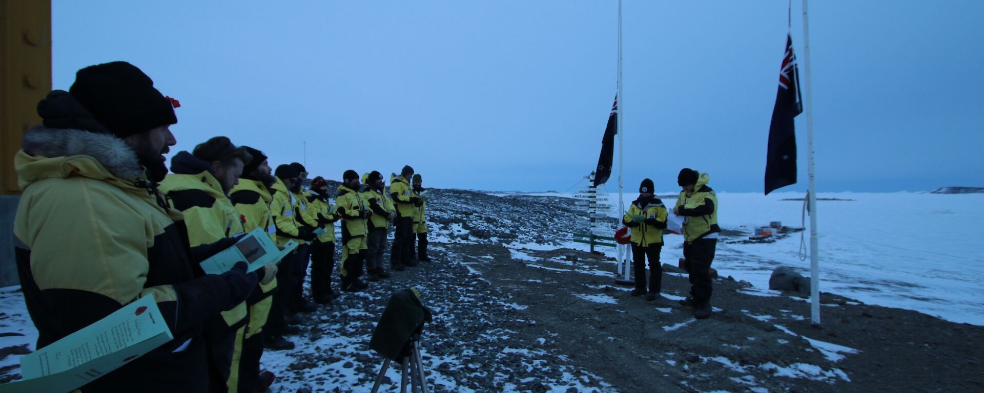 The members of the 69th ANARE beneath the flagpoles at the Davis Dawn Service on ANZAC Day