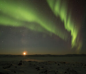 Aurora australis, or southern lights, on display while the moon rises over the plateau