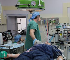 Brett Sambrooks and Paul Deverall monitoring the patient’s vital signs during a surgical scenario at Davis