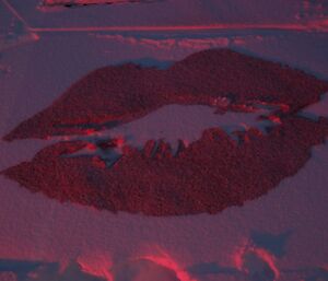 A pair of red lips painted in the snow with food colouring for our Kiss Goodbye to MS smoko at Davis