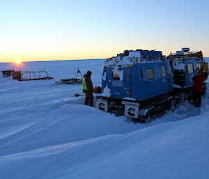 The winter sun just above the horizon while we get the blue Hagglund ready to start and recover back to Davis