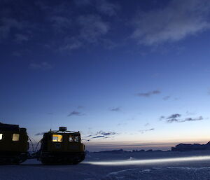 The yellow Hägg on the sea ice as day dawns near Bandits Hut.