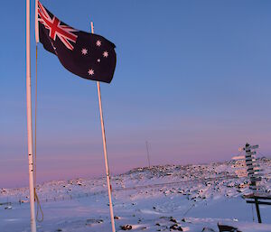 Flag flying at half mast at Davis for Richard Hoseason and Alistair Forbes who died on Heard Island during May in 1952