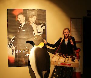 Jen Proudtfoot delivering the Davis-made choc-tops to movie-goers along with our resident (hardboard painted) gun-toting Emperor penguin
