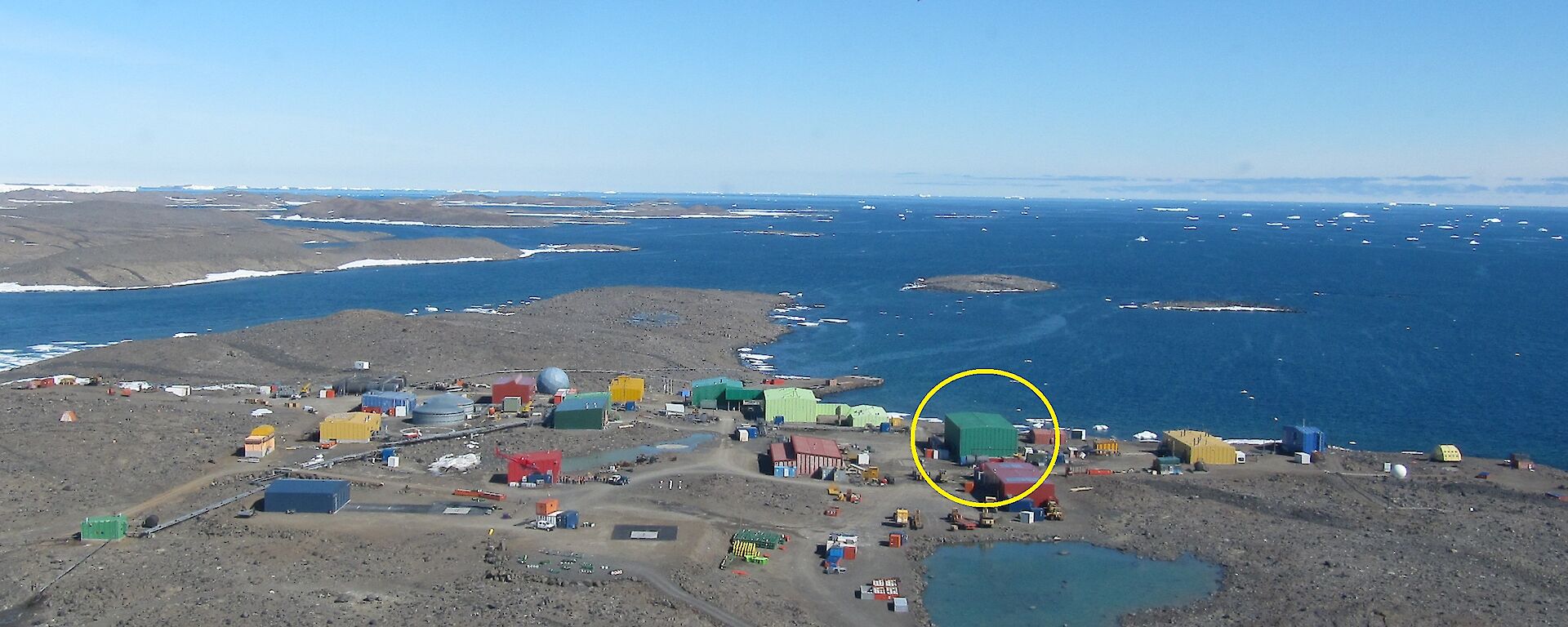 An aerial view of Davis with the Green store indicated