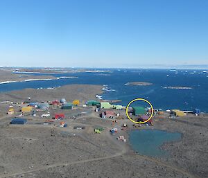 An aerial view of Davis with the Green store indicated