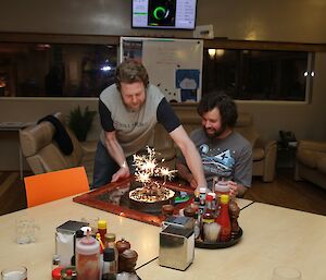 Scott Visser delivering the birthday dessert to Chris