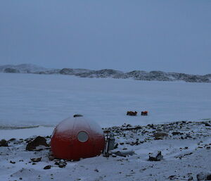 A view of the snow covered apple hut situated at Ace Lake in the Vestfold Hills